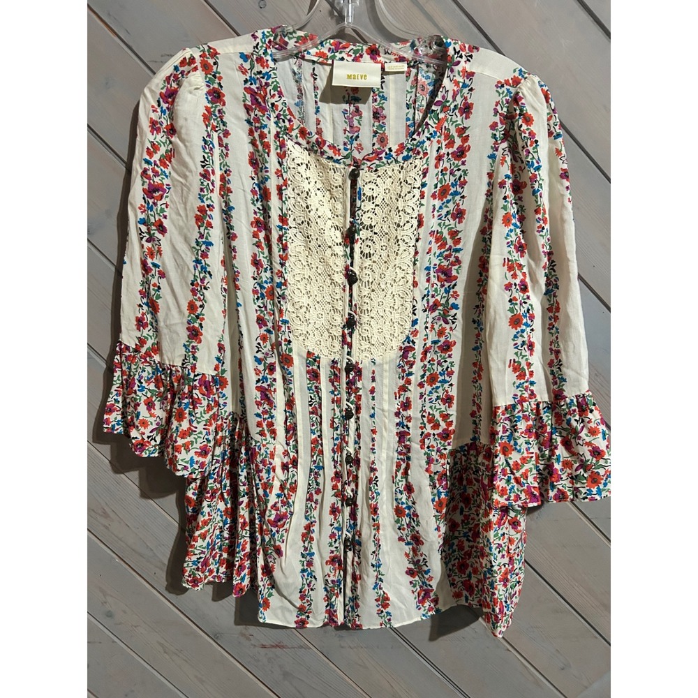 Maeve Anthropologie Floral Print Button Up Top Blouse Crochet Trim Bohemian US 2 - Picture 1 of 5